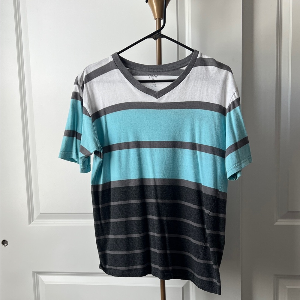 Striped V-Neck Men's Shirt - Blue, Gray, and White